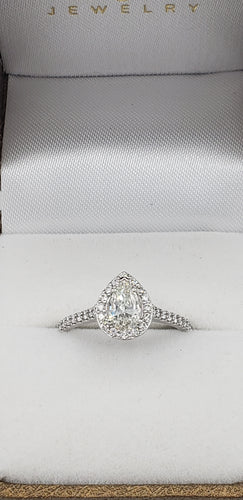 14K White Gold Pear Shaped Engagement Ring with Diamond Halo