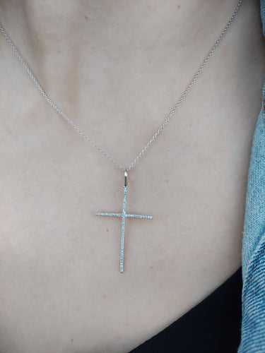 14K White Gold Diamond Cross Necklace