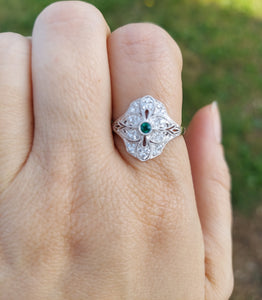Vintage Style Emerald & Diamond Ring - 14K White Gold