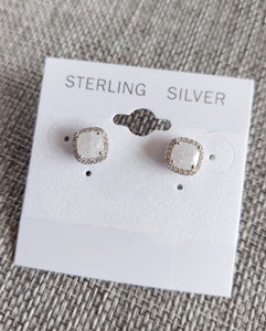 Moonstone with Clear CZ Stud Earrings - Sterling Silver