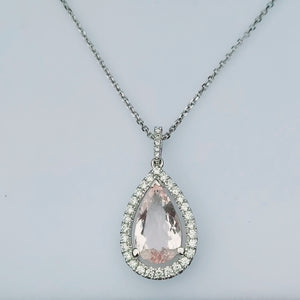 Pear Shaped Morganite & Diamond Pendant & Chain - 14K White Gold