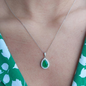 Pear Shaped Emerald and Diamond Necklace - 14K White Gold
