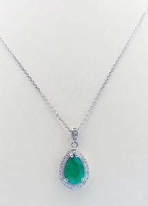 Pear Shaped Emerald and Diamond Necklace - 14K White Gold