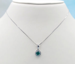 Round Emerald and Diamond Pendant & Chain -14K White Gold Necklace