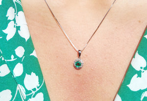 Round Emerald and Diamond Pendant & Chain -14K White Gold Necklace