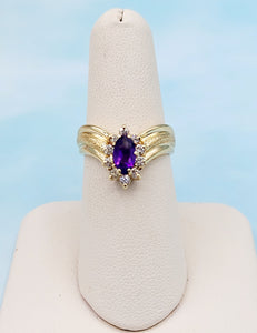 V Shaped Amethyst and Diamond Ring - 14k Yellow Gold - Estate Piece