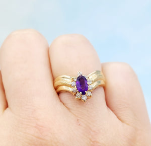 V Shaped Amethyst and Diamond Ring - 14k Yellow Gold - Estate Piece