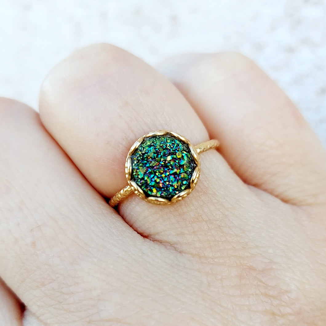 Green Rainbow Druzy Ring - Gold Plated