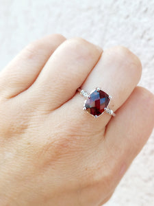 Garnet and Diamond Ring with Vintage Crown - 14K White Gold