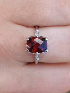 Garnet and Diamond Ring with Vintage Crown - 14K White Gold