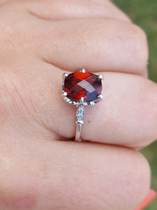 Garnet and Diamond Ring with Vintage Crown - 14K White Gold