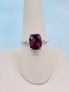 Garnet and Diamond Ring with Vintage Crown - 14K White Gold