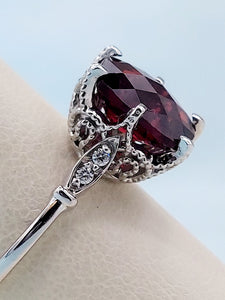 Garnet and Diamond Ring with Vintage Crown - 14K White Gold