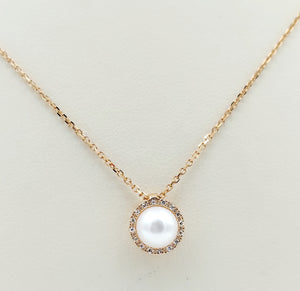 Pearl & Diamond Halo Necklace - 14K Rose Gold