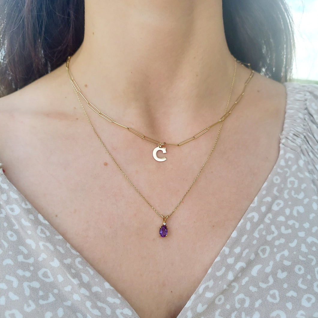 Dainty Amethyst and Diamond Necklace - 14K Gold