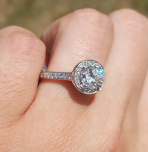 1.57 Carat Round Brilliant Engagement Ring with Diamond Halo & Diamonds on the Band - 14K White Gold
