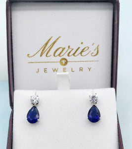 Blue Sapphire & Clear CZ Drop Earrings - Sterling Silver