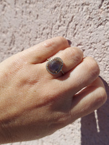 Gray Labradorite & Diamond Halo Ring - 14K Yellow Gold