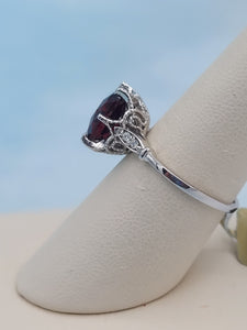 Garnet and Diamond Ring with Vintage Crown - 14K White Gold