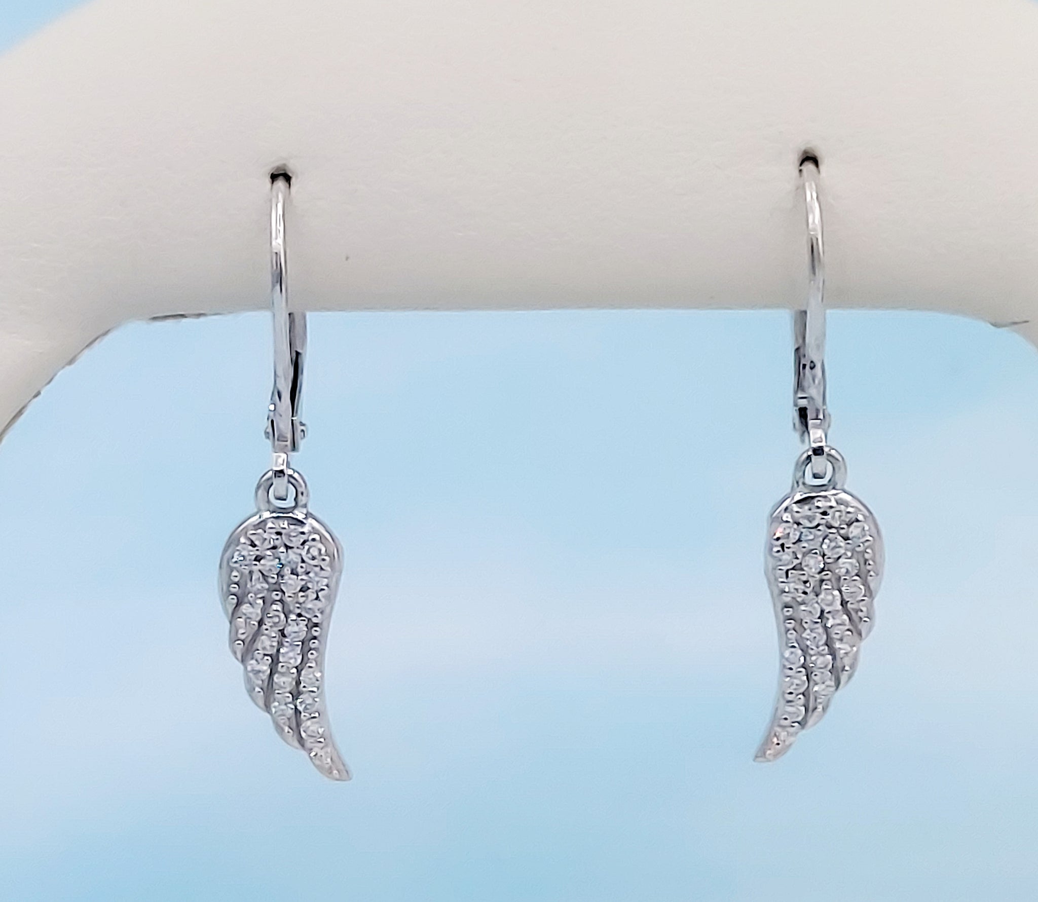 Diamond Angel Wing Leverback Earrings- 14K White Gold