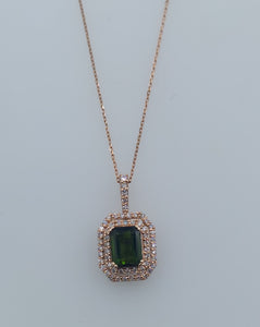 Green Garnet Necklace with Diamonds - 14K Rose Gold