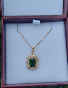 Green Garnet Necklace with Diamonds - 14K Rose Gold