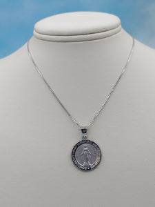 Mother Mary Miraculous Round Pendant - 14k White Gold