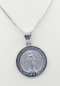 Mother Mary Miraculous Round Pendant - 14k White Gold