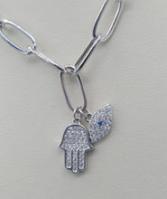 Load image into Gallery viewer, Hamsa &amp; Evil Eye Paperclip Y Chain - Sterling Silver