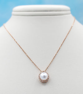 Pearl & Diamond Halo Necklace - 14K Rose Gold