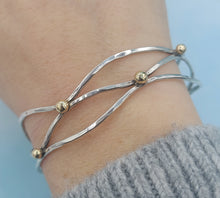 Load image into Gallery viewer, Ocean Waves Cuff Bangle Bracelet - Sterling Silver &amp; 14K Gold