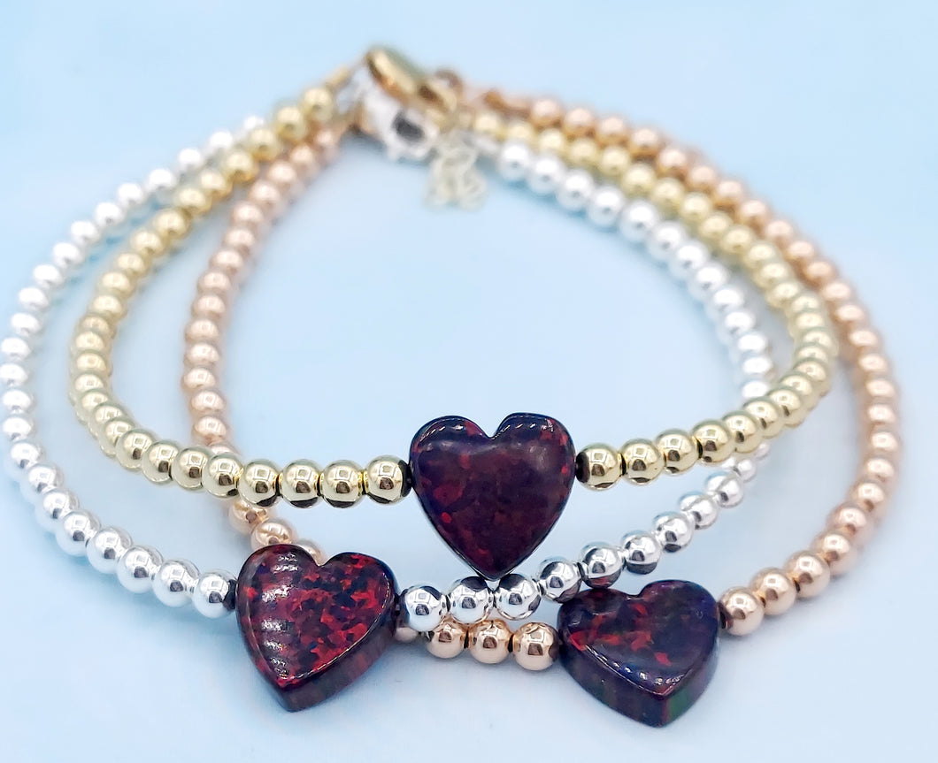 Wine “Opal Heart” Beaded Bracelet - Sterling Silver- Our Whole Heart
