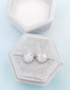 Moonstone with Clear CZ Stud Earrings - Sterling Silver