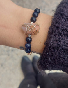 Blue Sparkle Sandstone with Wire Wrapped Stone Beaded Bracelet