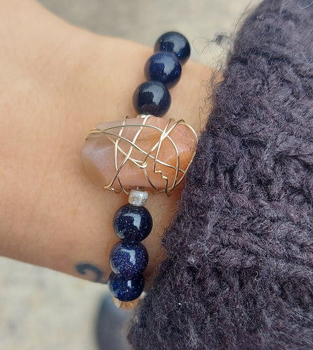 Blue Sparkle Sandstone with Wire Wrapped Stone Beaded Bracelet