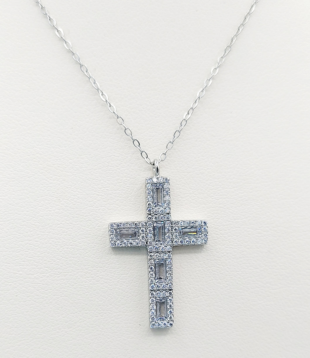 Baguette CZ Cross Necklace - Sterling Silver