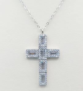 Baguette CZ Cross Necklace - Sterling Silver