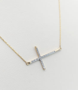 Diamond Sideways Cross - 14K Yellow Gold