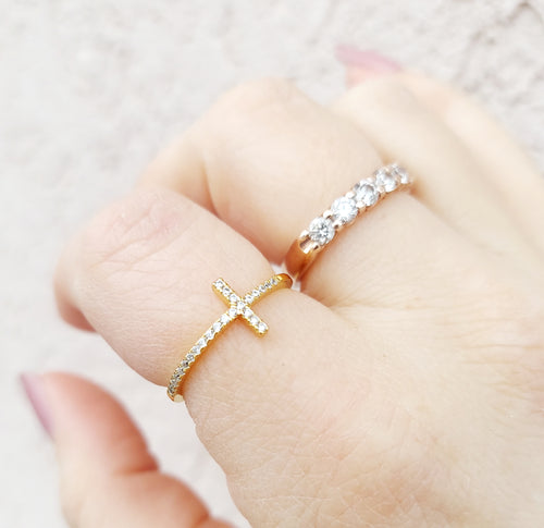 CZ Cross Ring - Gold Plated Sterling Silver