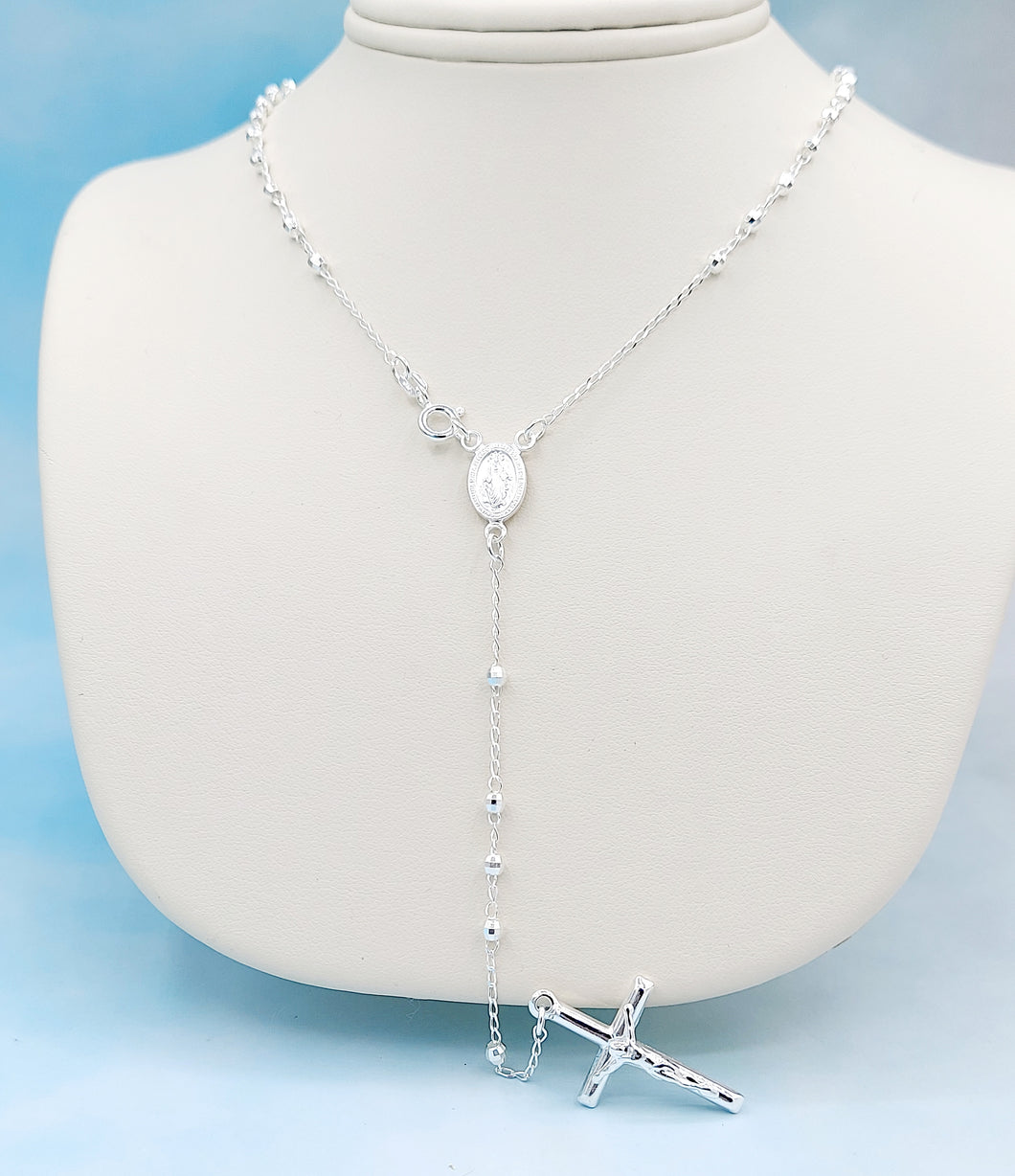 Diamond Cut Rosary Bead Necklace - Sterling Silver