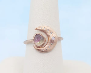 Shimmering Tourmaline Rose Gold Moon Ring - 14K Rose Gold