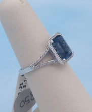 Load image into Gallery viewer, Emerald Cut London Blue Topaz Ring with Diamond Halo &amp; Split Shank - 14K White Gold