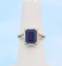 Load image into Gallery viewer, Emerald Cut Garnet Ring with Diamond Halo &amp; Split Shank - 14K Yellow Gold