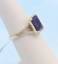 Load image into Gallery viewer, Emerald Cut Garnet Ring with Diamond Halo &amp; Split Shank - 14K Yellow Gold