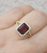 Load image into Gallery viewer, Emerald Cut Garnet Ring with Diamond Halo &amp; Split Shank - 14K Yellow Gold