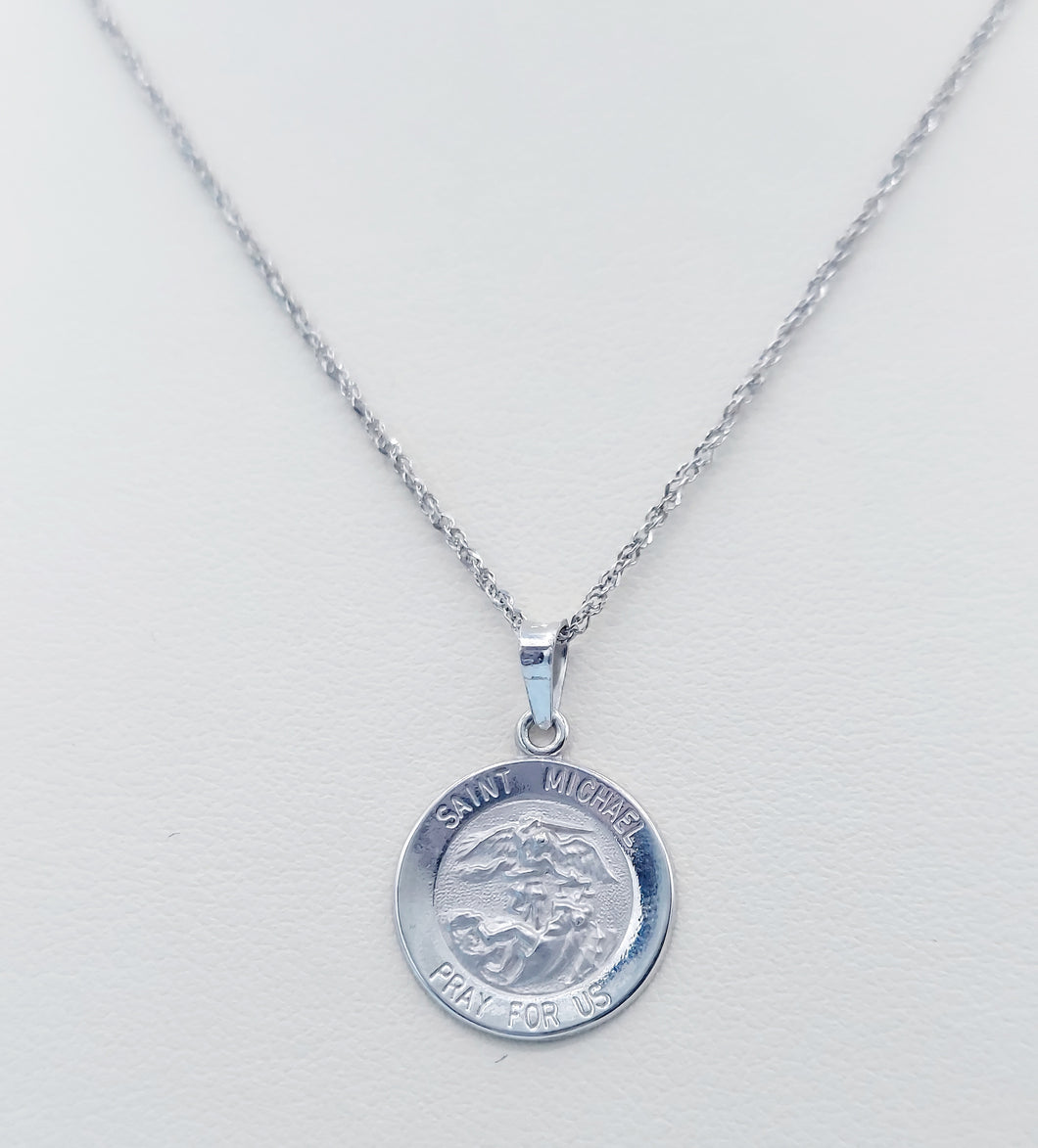 St Michael Medal & Chain - 14K White Gold