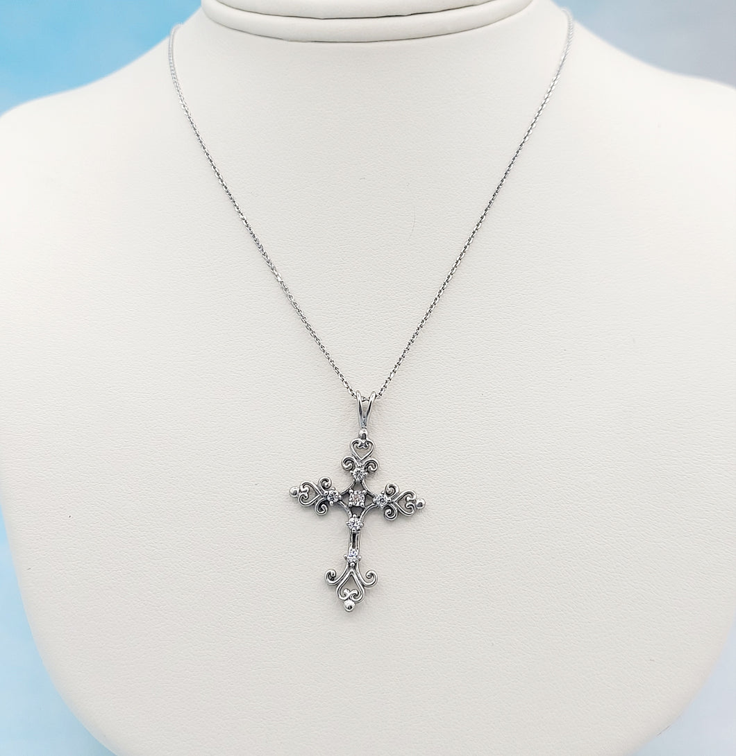 Filigree CZ Cross Necklace - Sterling Silver