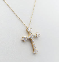 Load image into Gallery viewer, Baguette &amp; Round CZ Cross &amp; Chain - 14K Yellow Gold