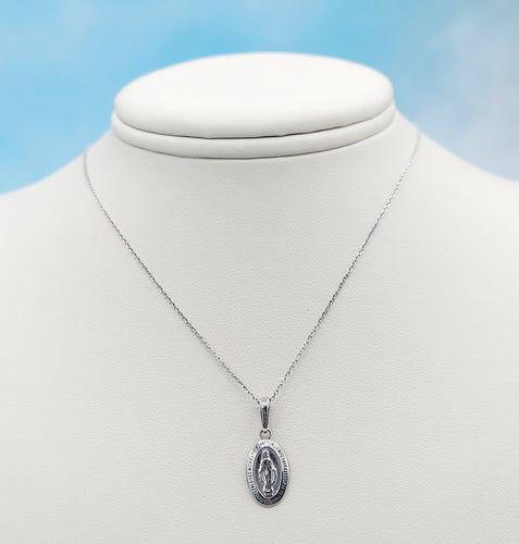 Oval Miraculous Medal (Mother Mary) & Chain - 14K White Gold