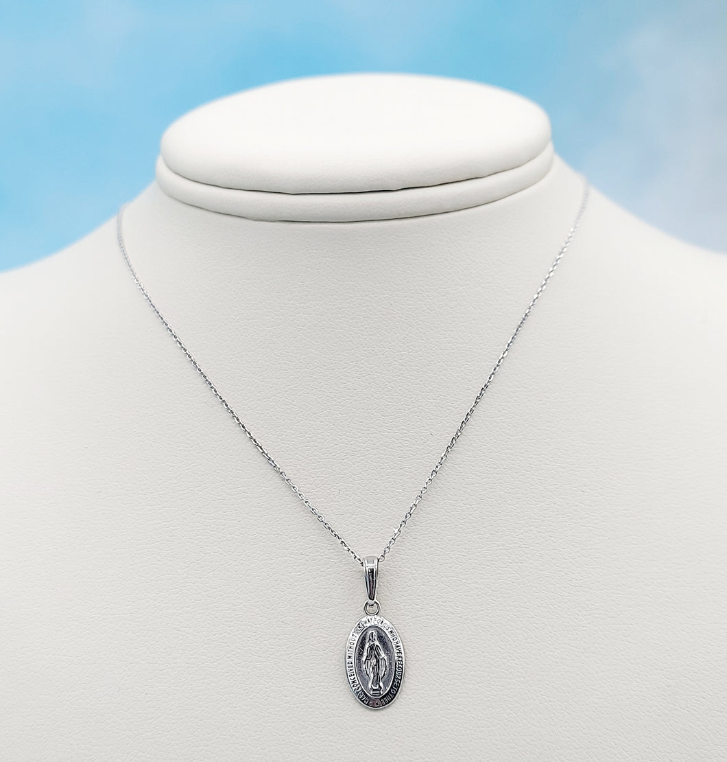 Oval Miraculous Medal (Mother Mary) & Chain - 14K White Gold